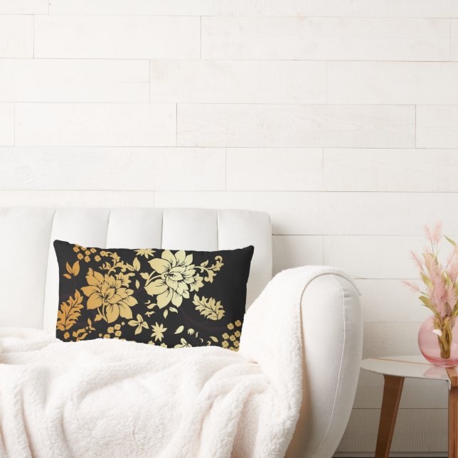 Cojín Lumbar Flores de oro orientales sobre negro (Sofá)