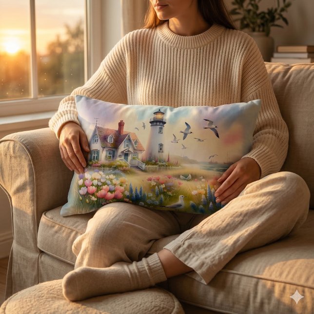 Cojín Lumbar Flores de primavera por cabaña costera faro (Woman Holding Spring Flowers by Lighthouse Coastal Cottage Lumbar Pillow)