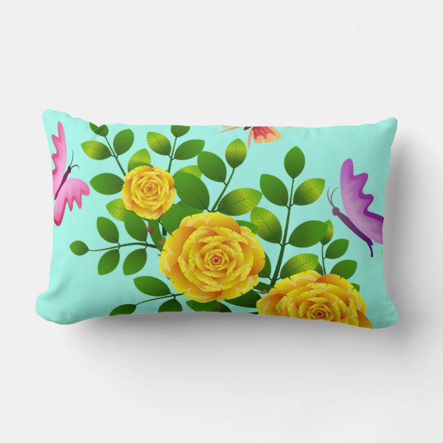 Cojín Lumbar Flores De Rosa Amarilla Y Mariposas-64567 (Anverso)