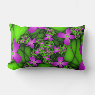 Cojín Lumbar Flores fractales abstractas modernas neón rosa ver