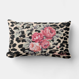Cojín Lumbar Flores modernas lindas en estampado de leopardo-pe