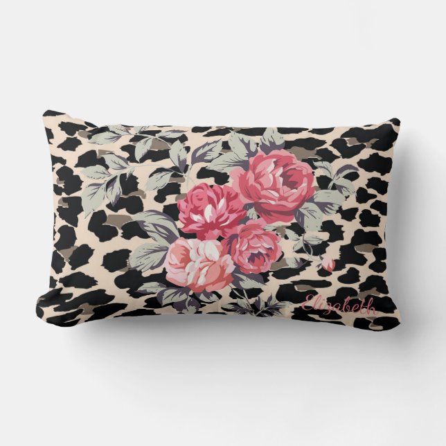 Cojín Lumbar Flores modernas lindas en estampado de leopardo-pe (Anverso)