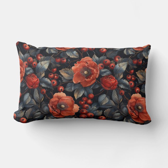 Cojín Lumbar Flores rojas en negro (Anverso)