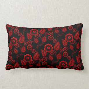 Cojín Lumbar Flores rojas, hojas rojas, arte folclórico/negro