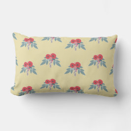 Cojín Lumbar Flores rojas y hojas verdes en marrón