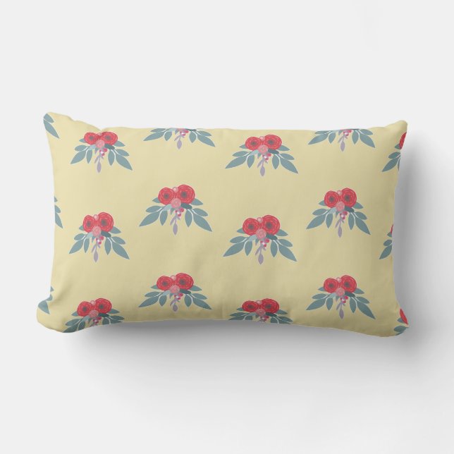 Cojín Lumbar Flores rojas y hojas verdes en marrón (Anverso)