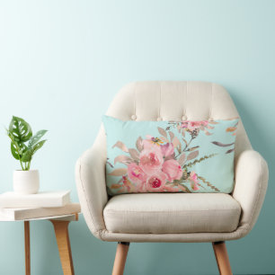 Cojín Lumbar Flores rosas Rubor en azul claro