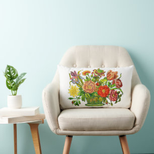 Cojín Lumbar Flores veraniegas en una canasta, arte vintage