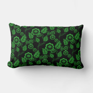Cojín Lumbar Flores verdes, hojas verdes, arte folclórico/negro