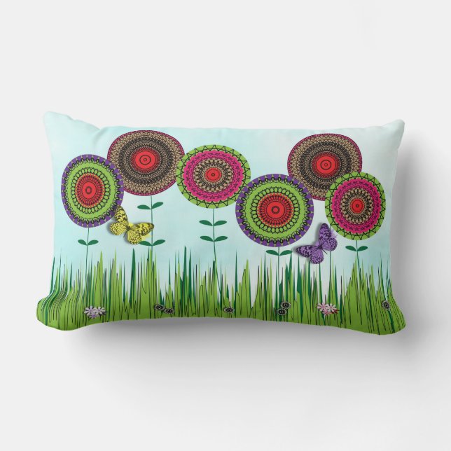 Cojín Lumbar Flores y mariposas de verano exuberantes (Anverso)