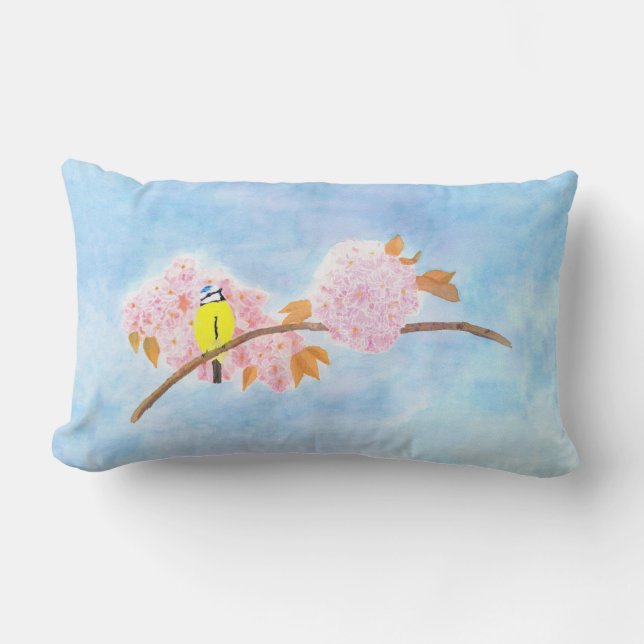 Cojín Lumbar Flores y pájaro de jardín (Anverso)