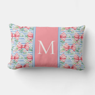 Cojín Lumbar Flores y rayas rosadas y azules Monograma