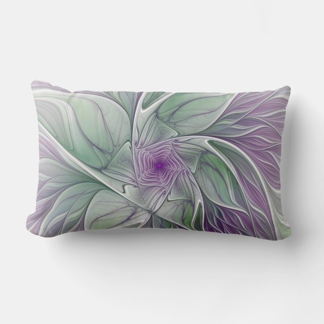 Cojín Lumbar Flower Dream, Abstract Purple Green Fractal Art (Anverso)
