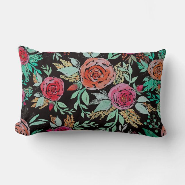 Cojín Lumbar Folk Watercolor Flowers (Anverso)