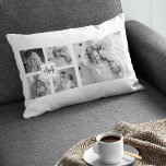 Cojín Lumbar Foto de la familia Collage de moda Inicio blanco y<br><div class="desc">Presentamos nuestro Collage de moda Five Family Photo Black & White con Initial in Center . Este collage personalizado y elegante es la manera perfecta de mostrar los preciados recuerdos de su familia de una manera moderna y elegante. Con un elegante esquema de color blanco y negro, este collage le...</div>