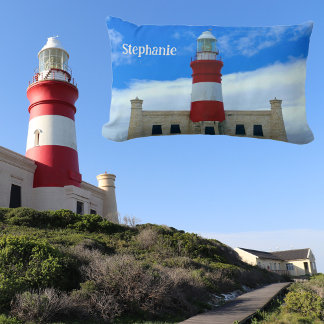 Cojín Lumbar Fotógrafo azul y rojo del faro con nombre