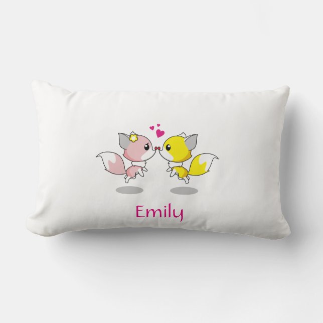 Cojín Lumbar Fox personalizada en amarillo y rosa con corazón (Anverso)