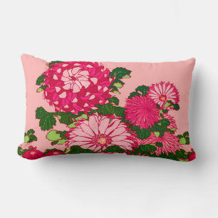 Cojín Lumbar Frontera de flores japonesa, fucsia y lima rosa de