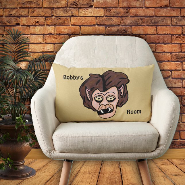 Cojín Lumbar Fun Scary Personalizado Werewolf Fangs Brown Hair (Funny werewolf face brown hair and fangs on tan home decor for kids room pillow.)