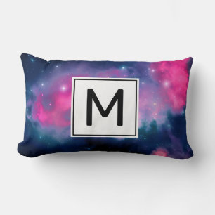 Cojín Lumbar Galaxia Rosa y Azul con Estrellas y Monograma Abst