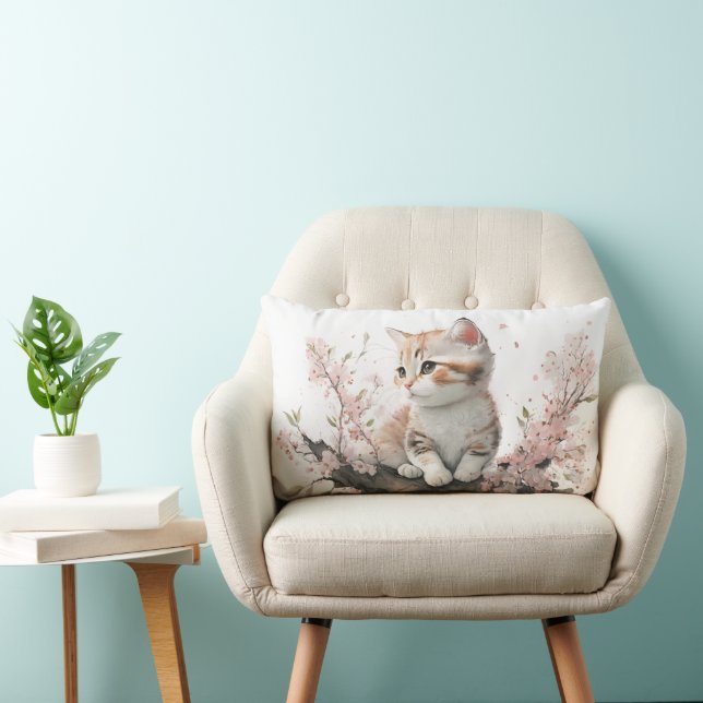 Cojín Lumbar Gatito con flores rosas (Silla)