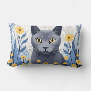Cojín Lumbar Gato Azul Ruso Flores Amarillas