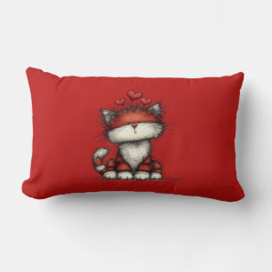 Cojín Lumbar Gato con Corazones de Amor Rojo Lindo y Divertido