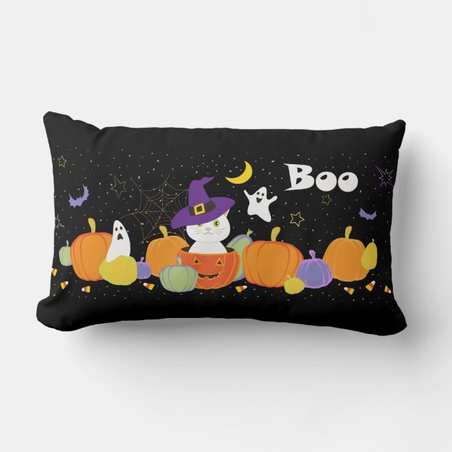 Cojín Lumbar Gato de Halloween curado en Gorra de brujas (Anverso)