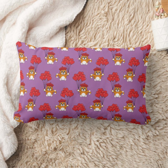 Cojín Lumbar Gato lindo con globos de corazón rojo (Manta)