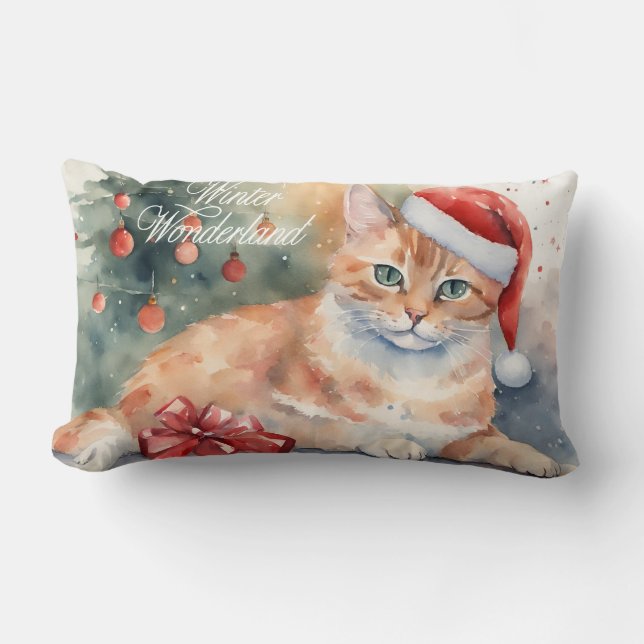 Cojín Lumbar Gato Naranja navidad en la acuarela de Santa Hat (Anverso)