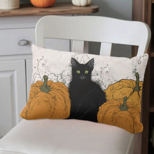 Cojín Lumbar Gato Negro y Calabazas de Otoño