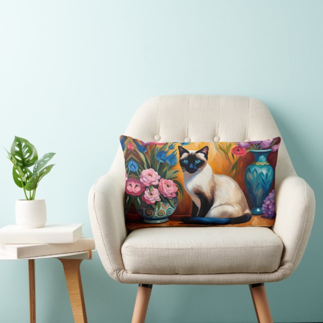 Cojín Lumbar Gato y Bouquets siameses en la acuarela de los vas (Silla)