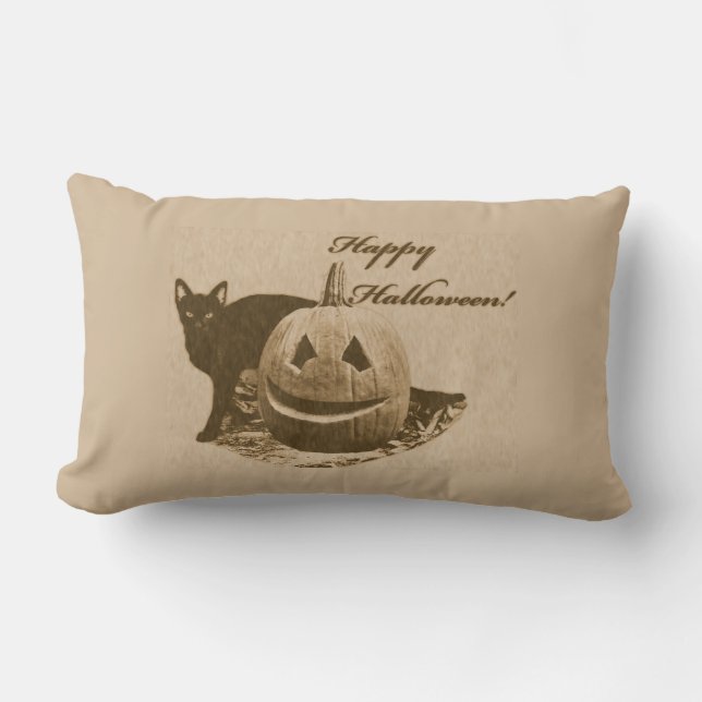 Cojín Lumbar Gato y calabaza Feliz Halloween (Anverso)