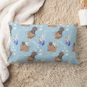 Cojín Lumbar Gatos en caja y gotas de leche en azul