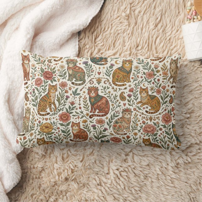 Cojín Lumbar Gatos místicos boho y jardín de flores silvestres  (Manta)