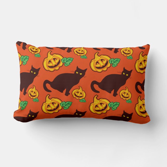 Cojín Lumbar Gatos y calabazas de Halloween. Diseño de dos cara (Anverso)