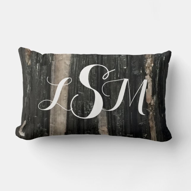 Cojín Lumbar Gema Gemstone negro y blanco rayado Añadir un mono (Anverso)