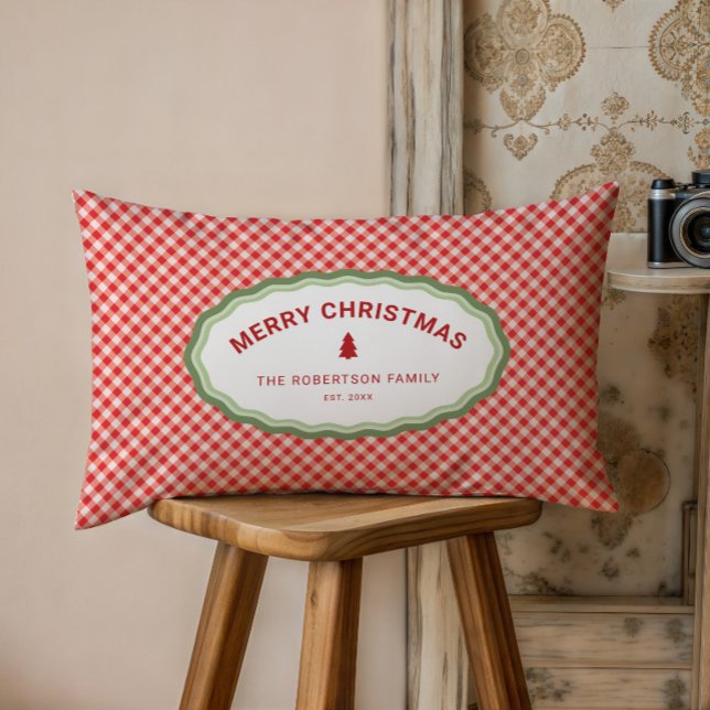 Cojín Lumbar Gingham Rojo Personalizado Feliz Navidad Fiesta (Subido por el creador)