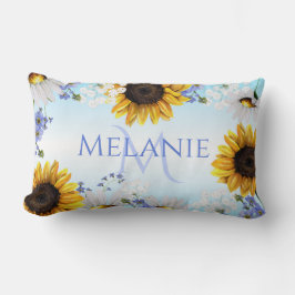 Cojín Lumbar Girasoles Amarillos Azules Monograma Flores Silves