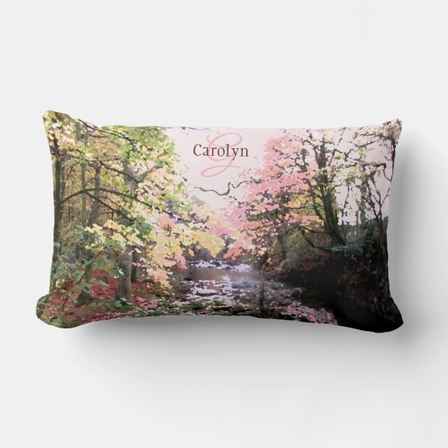 Cojín Lumbar Glade de bosque rosa, con riachuelo, personalizado (Anverso)
