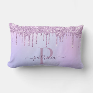 Cojín Lumbar Glam Morado Glitter Goteos Monograma Elegante