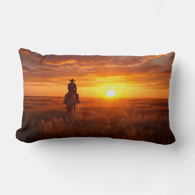 Cojín Lumbar Golden Prairie Cowboy Sunset Farmhouse Art (Anverso)