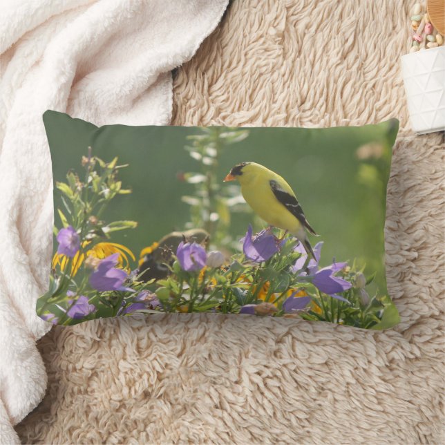 Cojín Lumbar Goldfinch en una flor harebell (Manta)