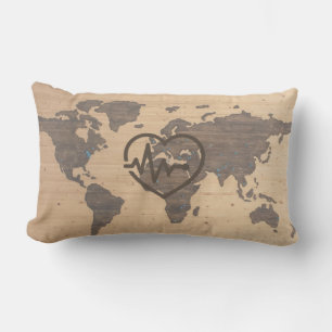 Cojín Lumbar Grano de madera de World Map Heartbeat