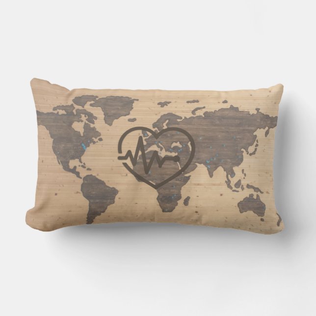 Cojín Lumbar Grano de madera de World Map Heartbeat (Anverso)