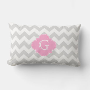 Cojín Lumbar Gris Claro Blanco Chevron Rosa Cuatrefoil Monogram