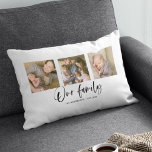 Cojín Lumbar Guión Colage de Fotos de Nuestro Apellido Familiar<br><div class="desc">Almohada con las palabras "Nuestra Familia" en una elegante letra cursiva con 3 fotos cuadradas dispuestas lado a lado en el frente y en la parte trasera, lo que hace un total de 6 fotos que puedes reemplazar con tus propias fotos sobre un fondo blanco. También puedes agregar el nombre...</div>