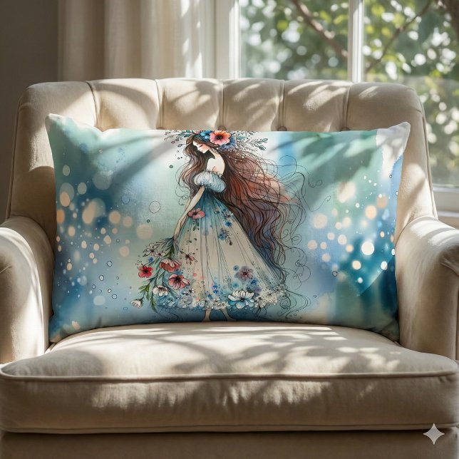 Cojín Lumbar Hada Etérea de las Flores en Paisaje Onírico de Ac (Ethereal Flower Fairy in Watercolor Dreamscape Lumbar Pillow Mockup A)