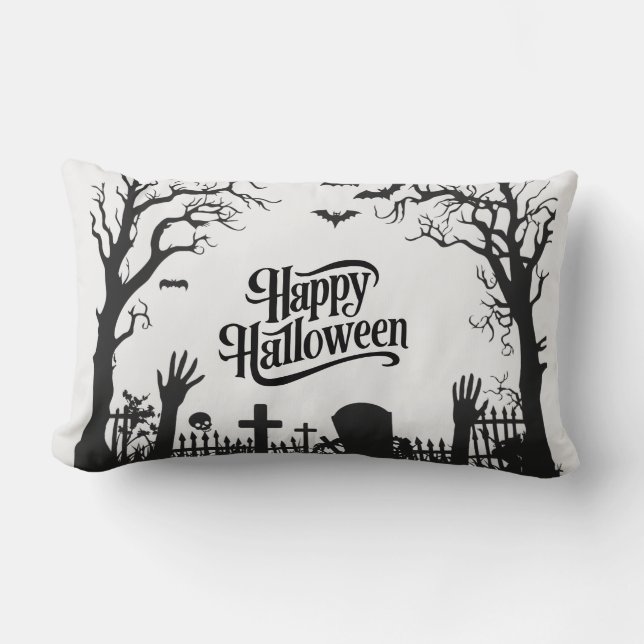 Cojín Lumbar Halloween blanco y negro espeluznante (Anverso)