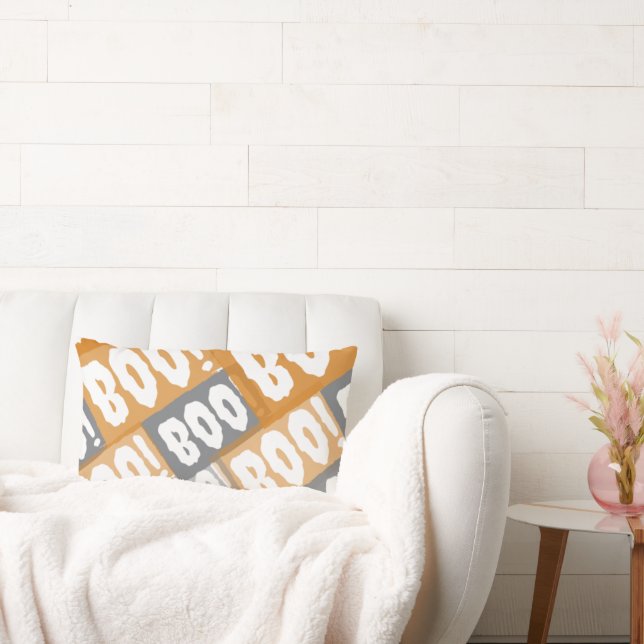 Cojín Lumbar Halloween de Naranja moderno y patrón de boo gris (Sofá)